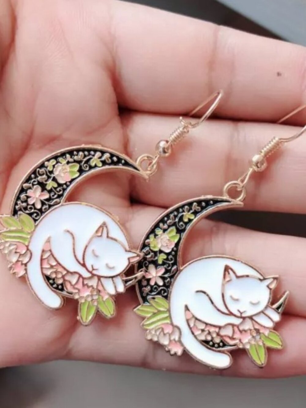 Sleeping Cat Crescent Moon Floral Dangle Earrings Celestial Jewelry Gift